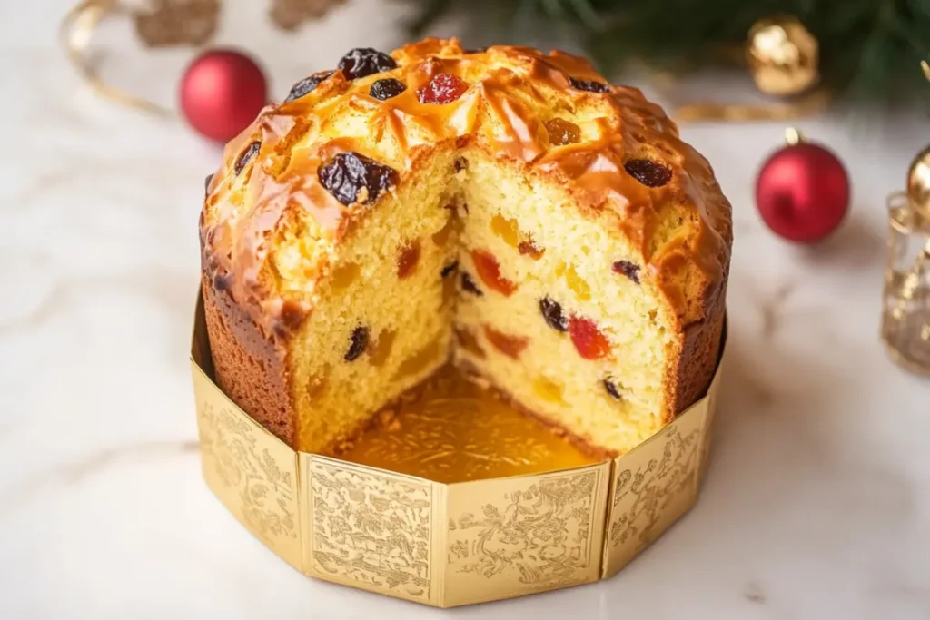 Italian Panettone cake in a golden box with candied fruits.