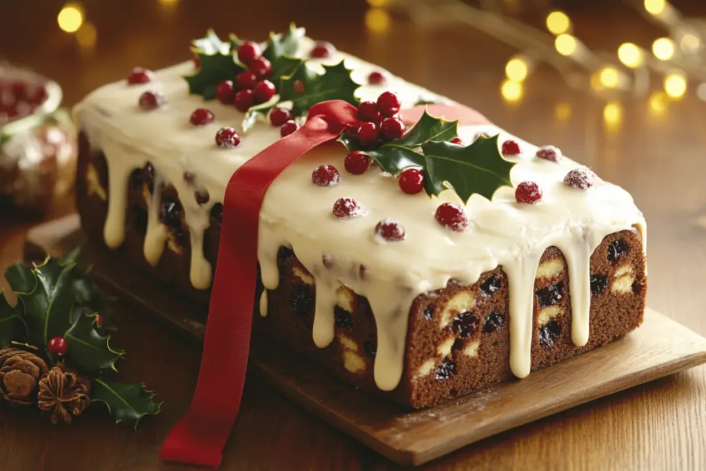 A traditional British Christmas cake with white icing and holly decoration.