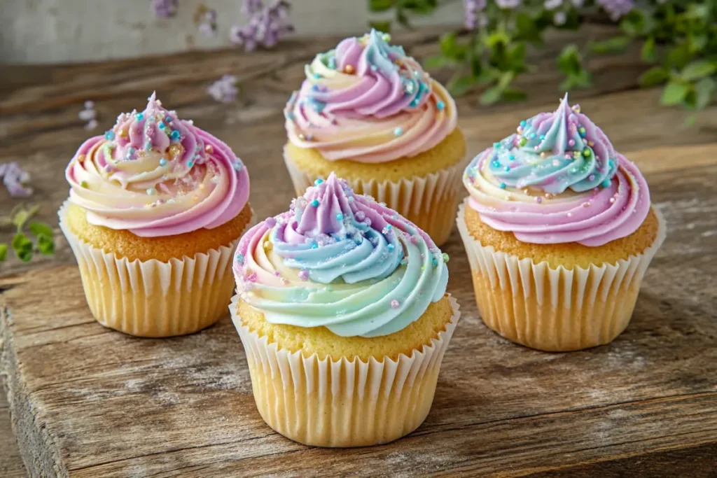 A batch of colorful gluten-free cupcakes with frosting swirls on a rustic wooden table.