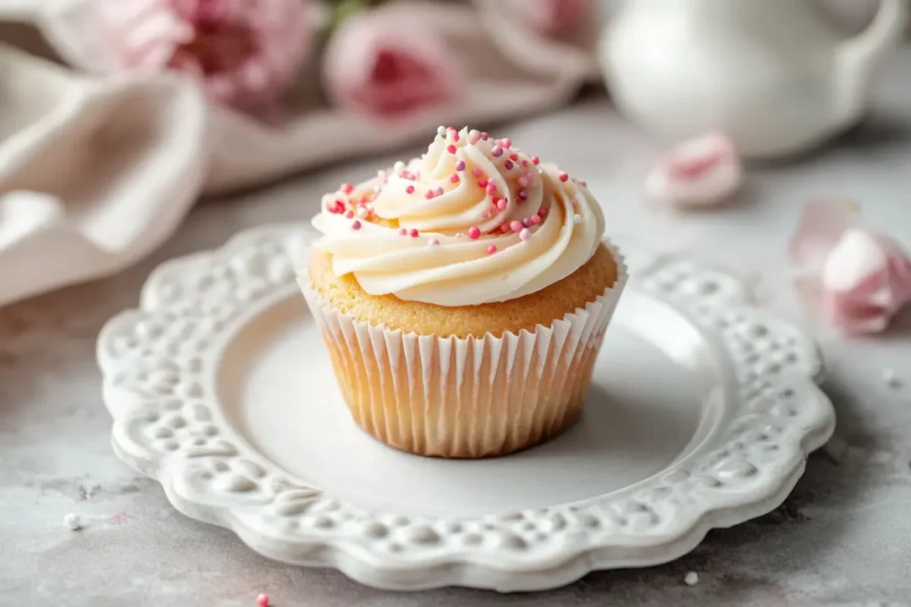 A single gluten-free cupcake with vanilla frosting and sprinkles on a white plate.