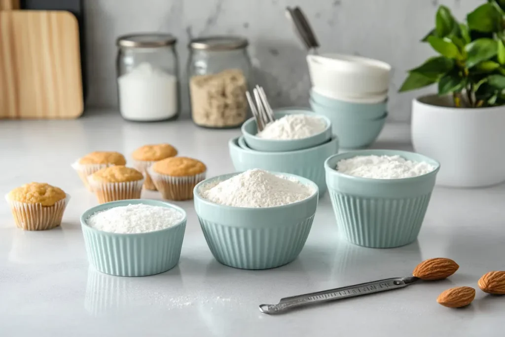 Baking essentials for gluten-free cupcakes, including almond flour, measuring tools,