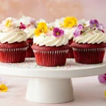 Gluten-free red velvet cupcakes with cream cheese frosting and edible flowers