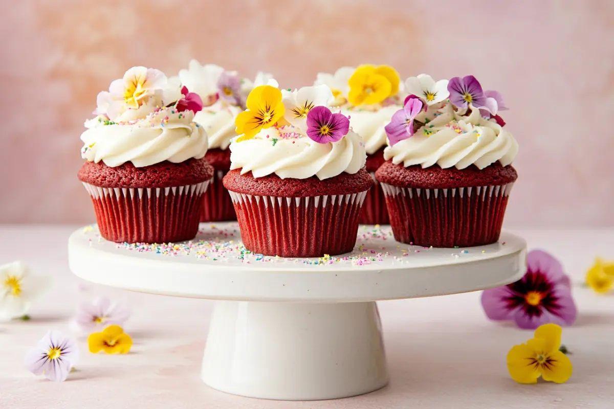 Gluten-free red velvet cupcakes with cream cheese frosting and edible flowers