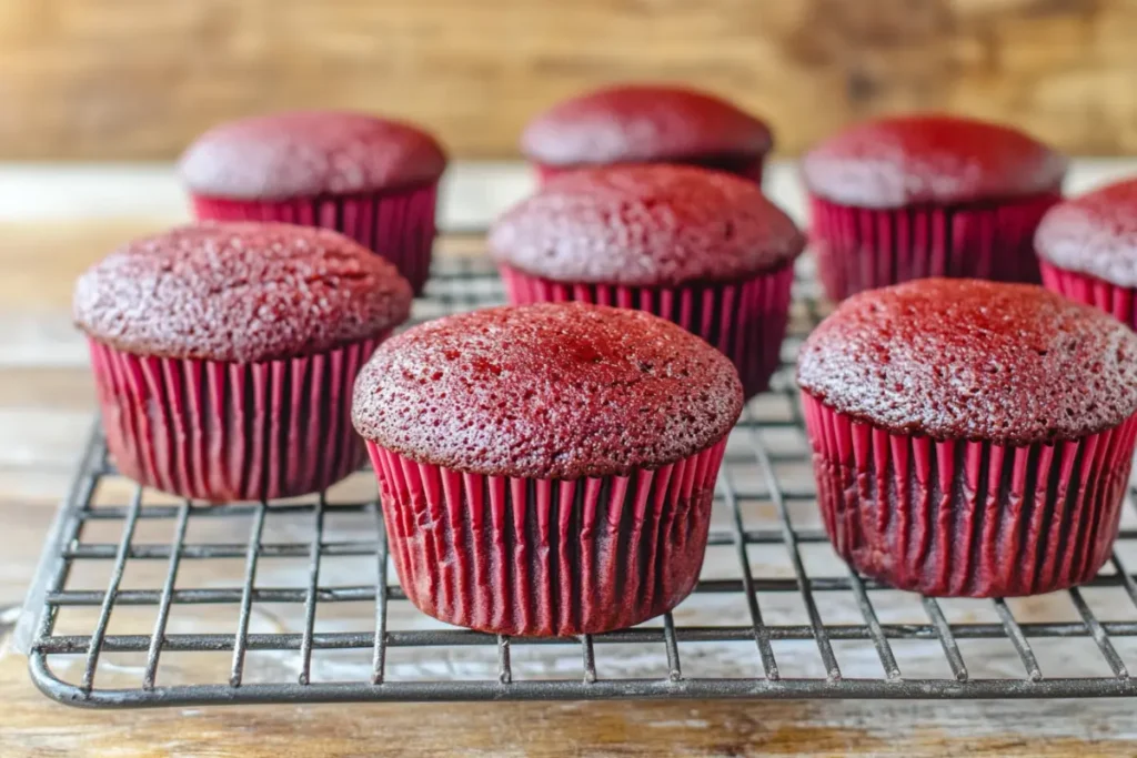 Freshly baked gluten-free red velvet cupcakes cooling on a rack