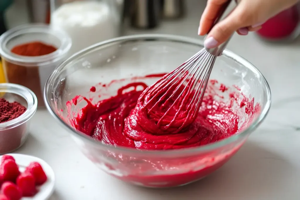 Whisking red velvet cupcake batter in a glass bowl with gluten-free ingredients.