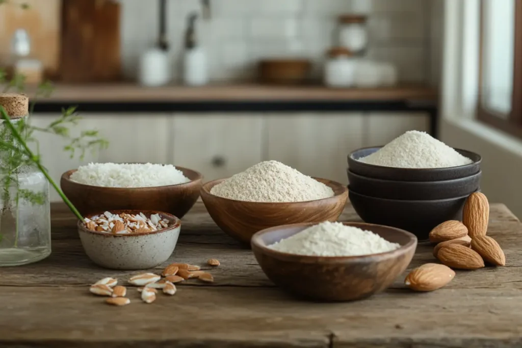 A collection of gluten-free flours including almond, coconut, and rice flour displayed on a rustic wooden table