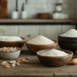 A collection of gluten-free flours including almond, coconut, and rice flour displayed on a rustic wooden table