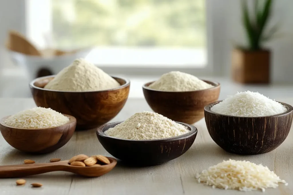 A collection of gluten-free flours including almond, coconut, and rice flour displayed on a rustic wooden table.