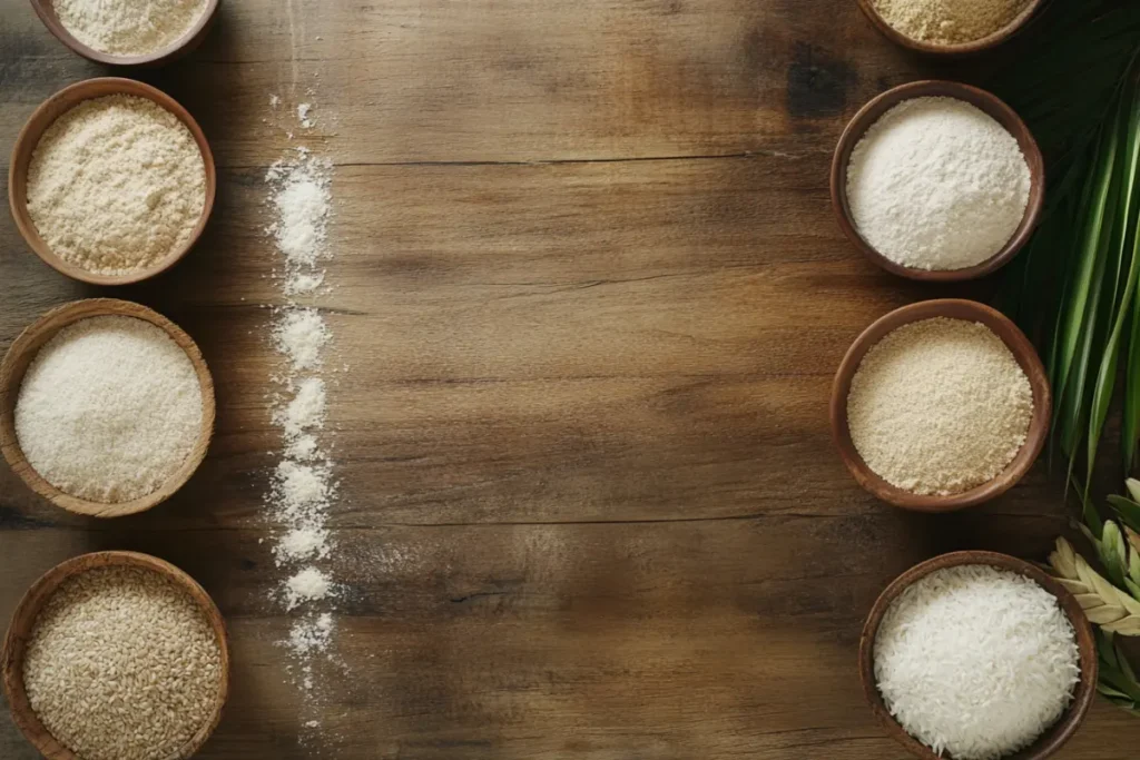 A collection of gluten-free flours including almond, coconut, and rice flour displayed on a rustic wooden table.