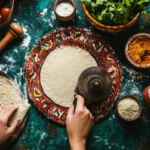 Close-up of homemade corn tortillas being pressed in a traditional tortilla press