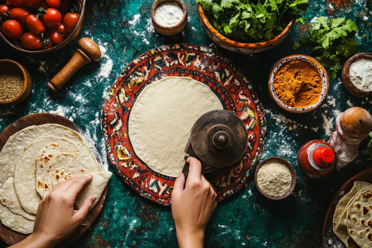 Close-up of homemade corn tortillas being pressed in a traditional tortilla press