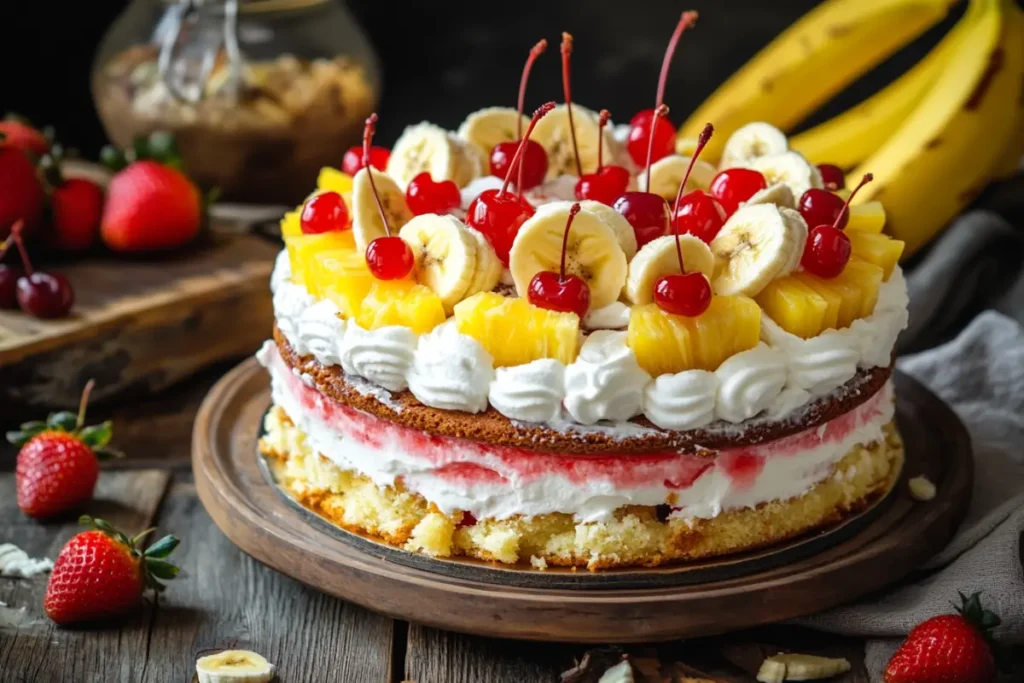 Banana split cake with layers of fruit, cream, and whipped topping, garnished with chocolate syrup and a cherry