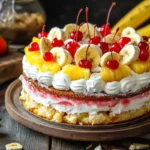 Banana split cake with layers of fruit, cream, and whipped topping, garnished with chocolate syrup and a cherry