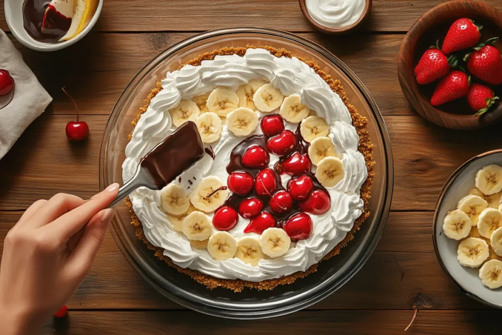 Step-by-step process of making banana split cake, featuring graham cracker crust preparation, cream cheese filling being mixed, and fresh fruits layered, captured in a realistic kitchen setting