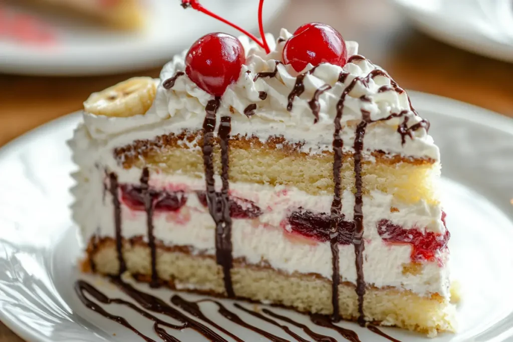 A close-up of a plated slice of banana split cake, showcasing distinct layers of graham cracker crust, creamy filling, fresh fruit, whipped cream, chocolate drizzle, and a cherry on top