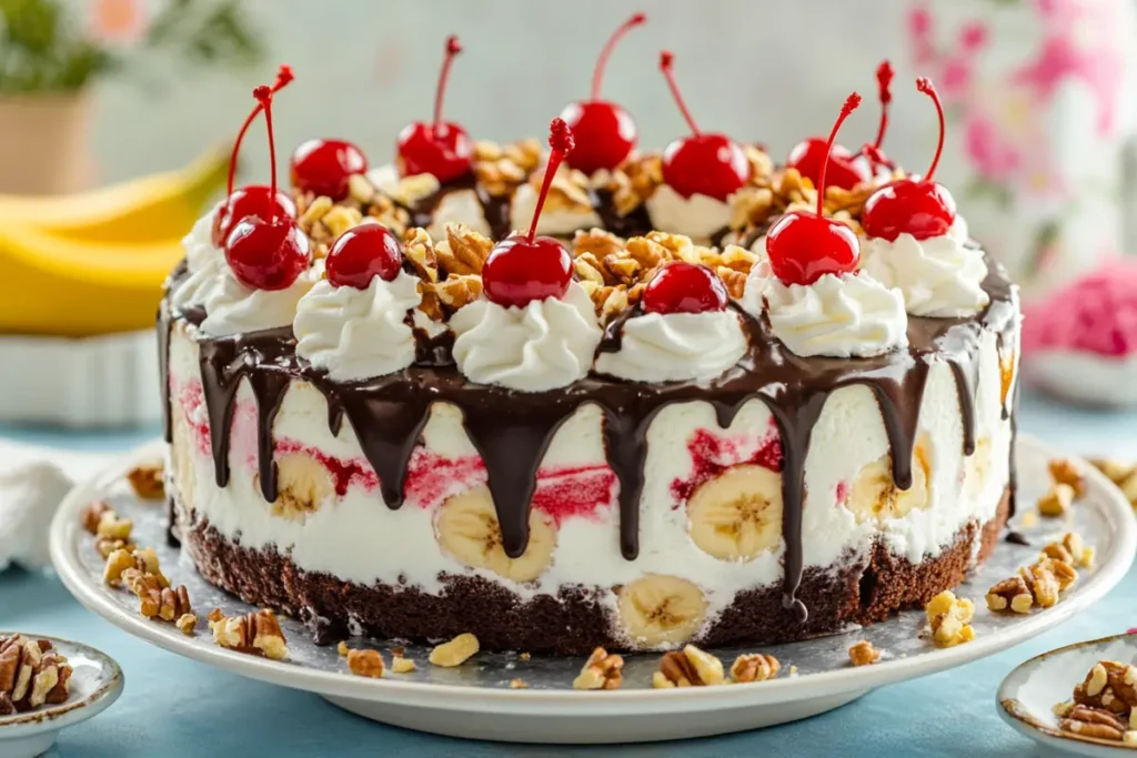 Decorated banana split ice cream cake with layers of cake, ice cream, whipped cream, maraschino cherries, and drizzled chocolate fudge.