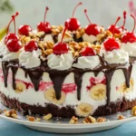 Decorated banana split ice cream cake with layers of cake, ice cream, whipped cream, maraschino cherries, and drizzled chocolate fudge.