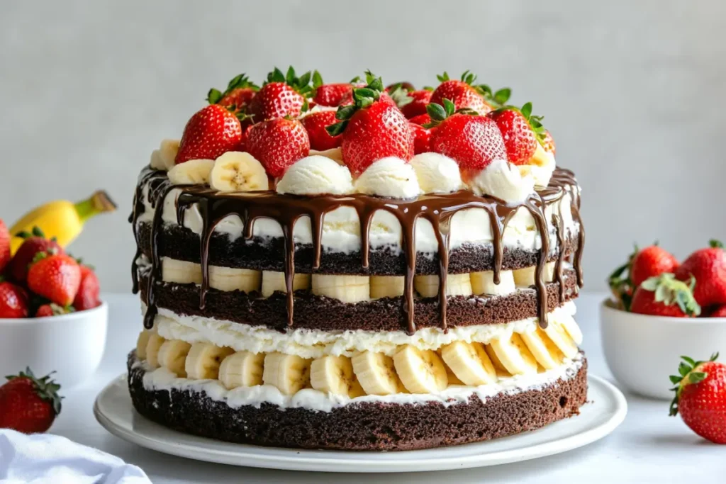 Decorated banana split ice cream cake