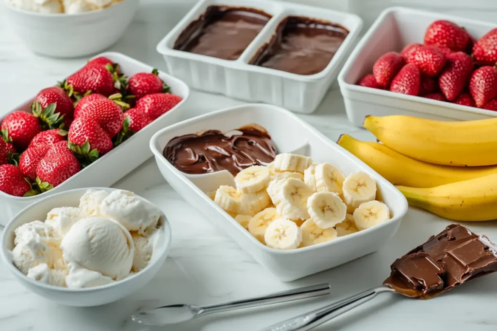 Banana split ice cream cake preparation with ingredients laid out on a countertop.