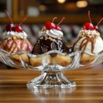 A classic banana split in a glass dish with three scoops of ice cream, drizzled with syrups, topped with whipped cream, cherries, and nuts.