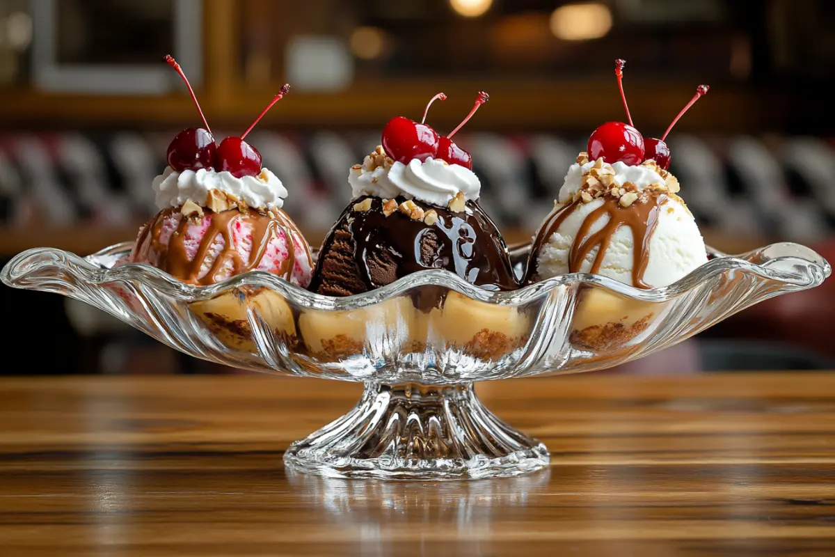 A classic banana split in a glass dish with three scoops of ice cream, drizzled with syrups, topped with whipped cream, cherries, and nuts.