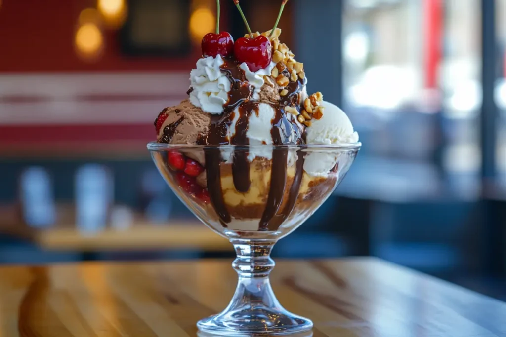 A classic banana split in a glass dish 