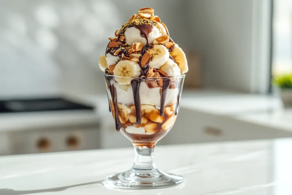 A luxurious banana royale dessert in a tall glass with caramelized bananas, premium ice cream, and gourmet toppings