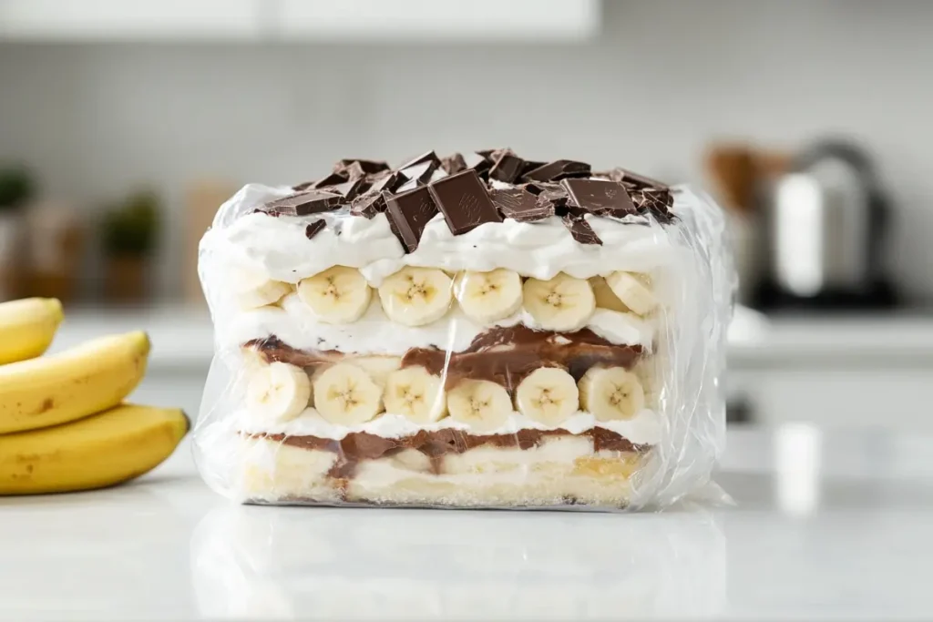 Banana split cake wrapped in cling film on a kitchen counter, ready for freezing