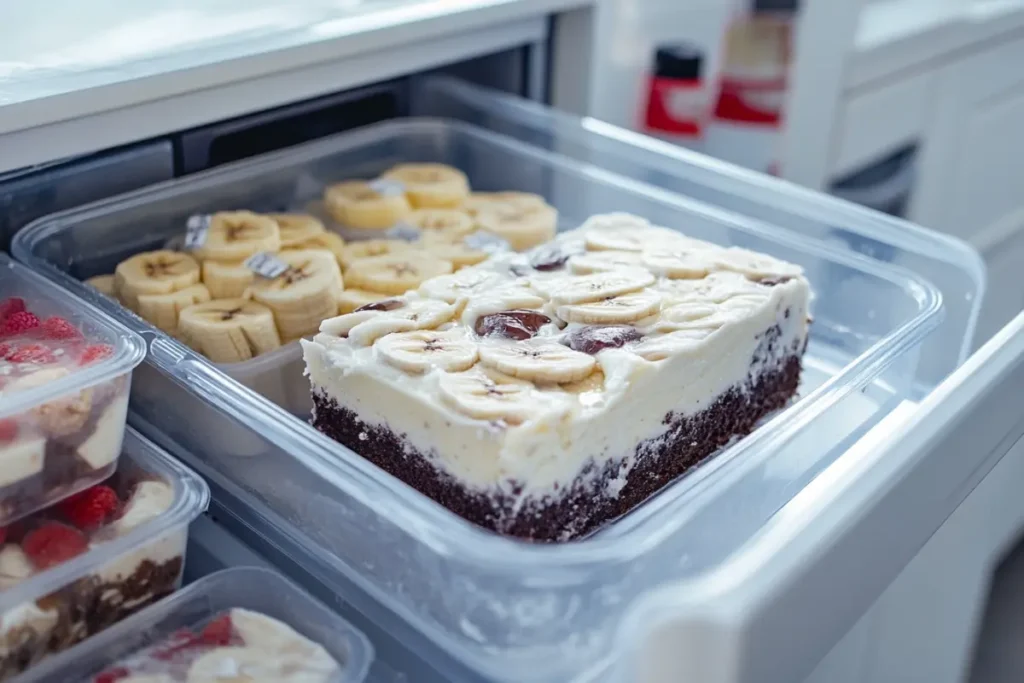 Frozen banana split cake stored in a freezer with labeled storage boxes