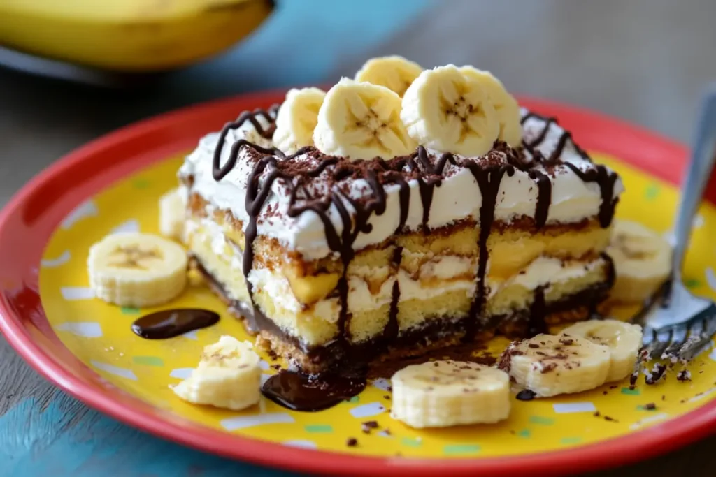 Thawed banana split cake garnished with fresh banana slices, whipped cream, and chocolate drizzle.