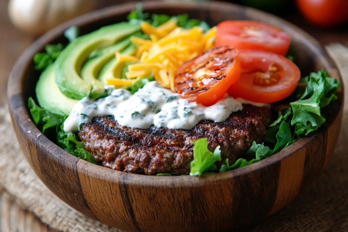 A vibrant burger bowl with beef patties, fresh vegetables, and cheese in a wooden bowl.