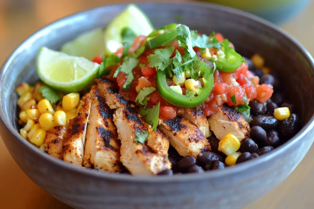 A Tex-Mex burger bowl with spicy grilled chicken, black beans, roasted corn, salsa, jalapeños, and cilantro in a ceramic bowl.