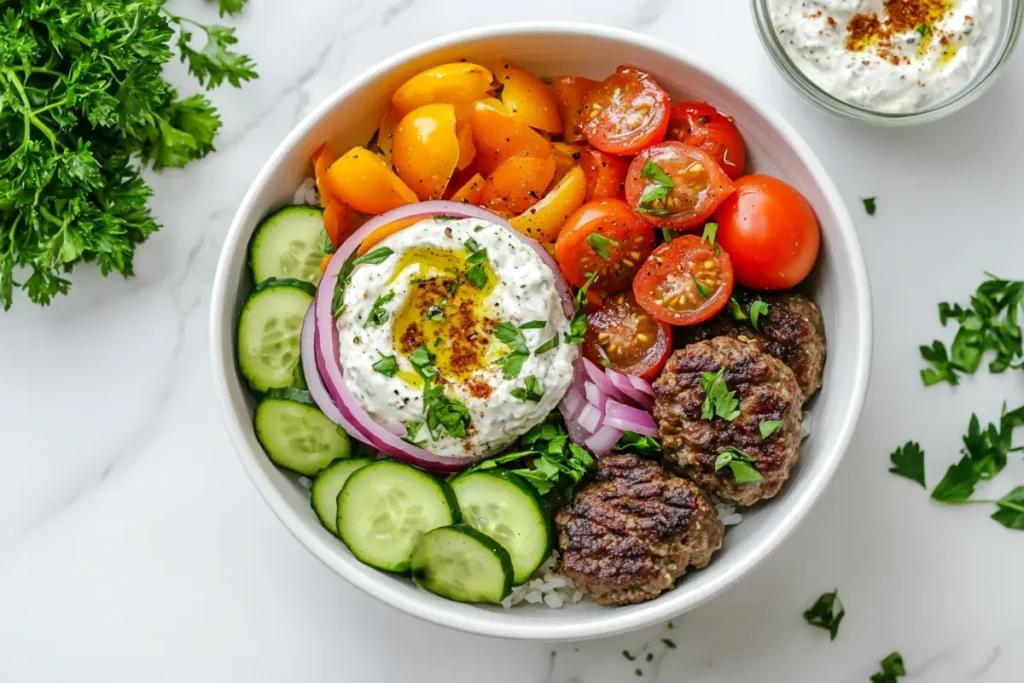 A Mediterranean burger bowl with lamb kofta, cucumber slices, cherry tomatoes, red onion, hummus, and tzatziki garnished with parsley.