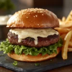 A gourmet beef burger topped with garlic aioli sauce, served on a brioche bun with fresh lettuce and crispy fries.