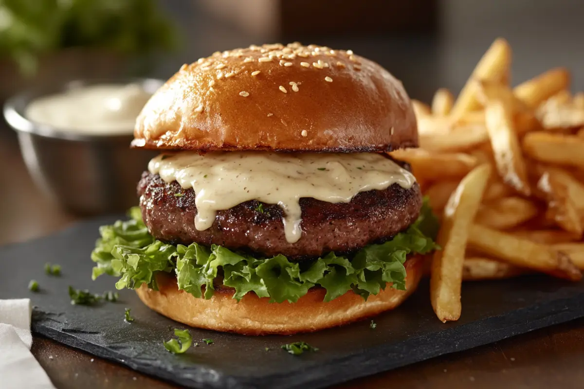 A gourmet beef burger topped with garlic aioli sauce, served on a brioche bun with fresh lettuce and crispy fries.