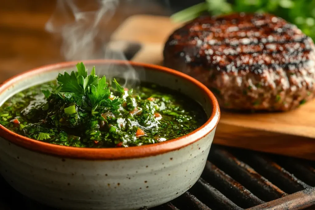 A vibrant chimichurri sauce in a ceramic bowl, paired with a grilled burger patty and fresh herbs on a wooden board.