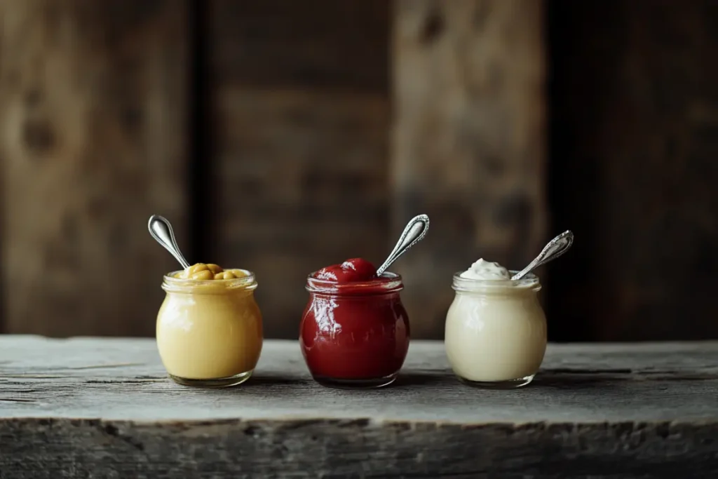 Three classic burger sauces: ketchup, mustard, and mayonnaise, in glass jars with spoons on a rustic wooden table.