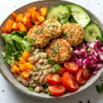 Plant-based burger patties made from beans and quinoa with fresh vegetables and herbs