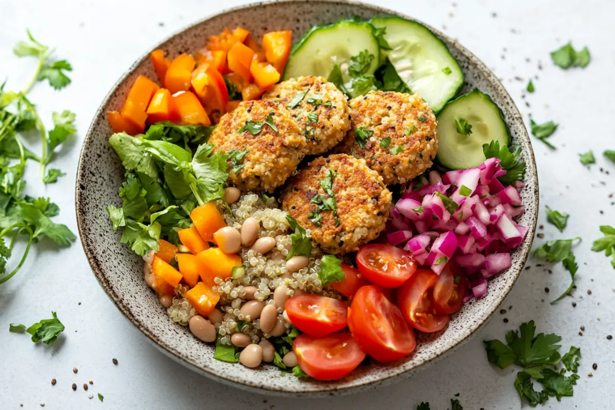 Plant-based burger patties made from beans and quinoa with fresh vegetables and herbs