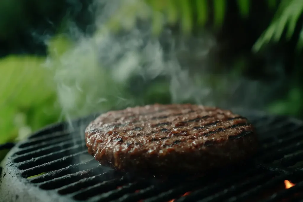 Freshly grilled lean beef burger patty with char marks on a rustic grill.