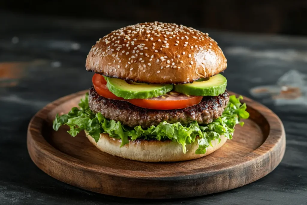 Bison burger on a whole-grain bun with lettuce, tomato, and avocado slices