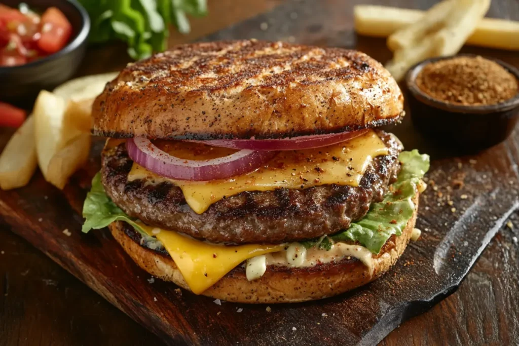 A rustic wooden table featuring an open burger assembly with a toasted bun, juicy patty, melted cheese, fresh toppings, and a bowl of seasoning mix.