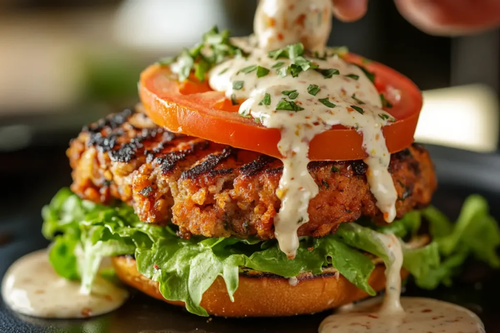 A close-up of a burger being topped with fresh tomato slices, crisp lettuce, and a creamy sauce drizzle, with vibrant colors and shallow depth of field.