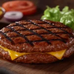 Juicy grilled burger patty topped with melted cheese and surrounded by fresh ingredients like lettuce and tomato.