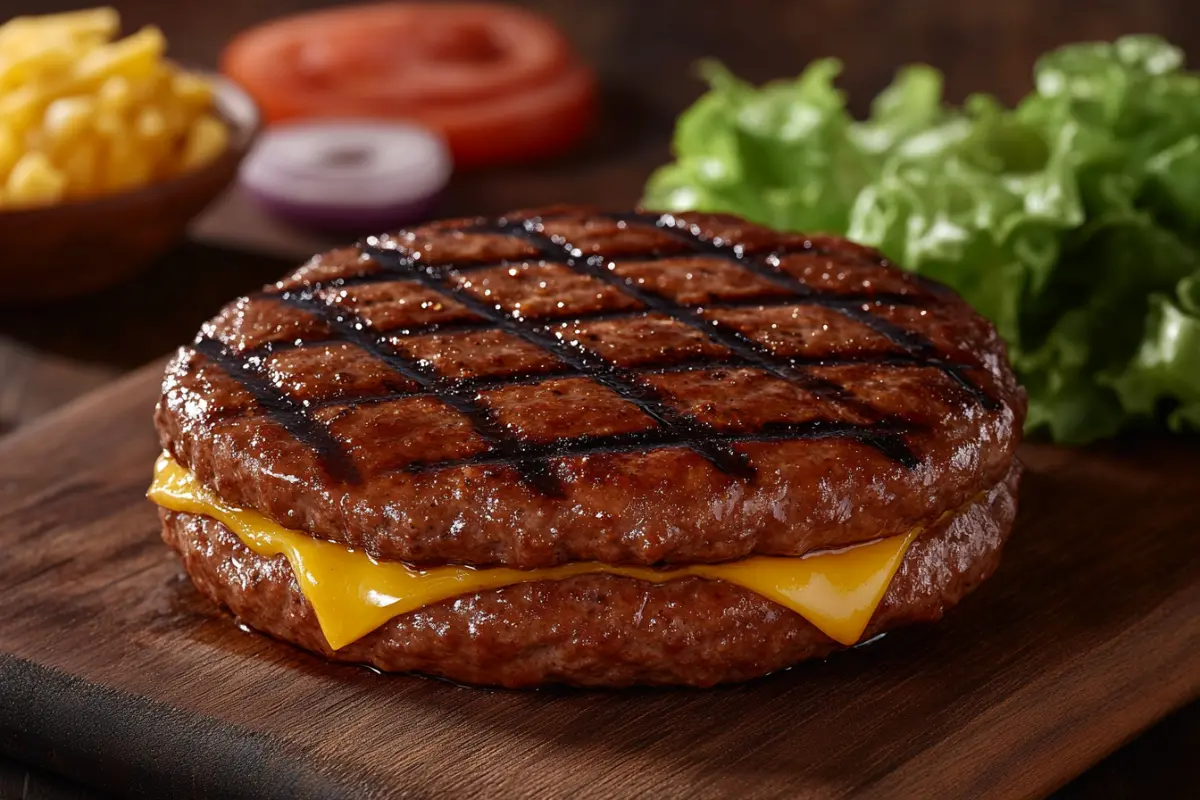 Juicy grilled burger patty topped with melted cheese and surrounded by fresh ingredients like lettuce and tomato.