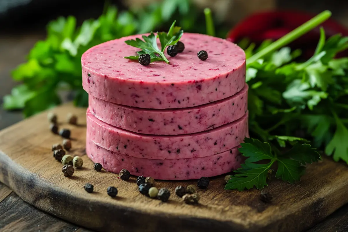 Freshly sliced bologna meat on a wooden cutting board