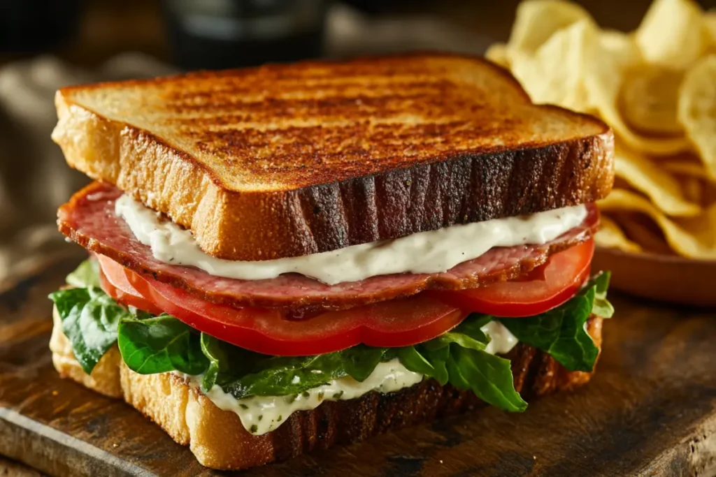 A classic bologna sandwich with lettuce, tomato, and mayonnaise.