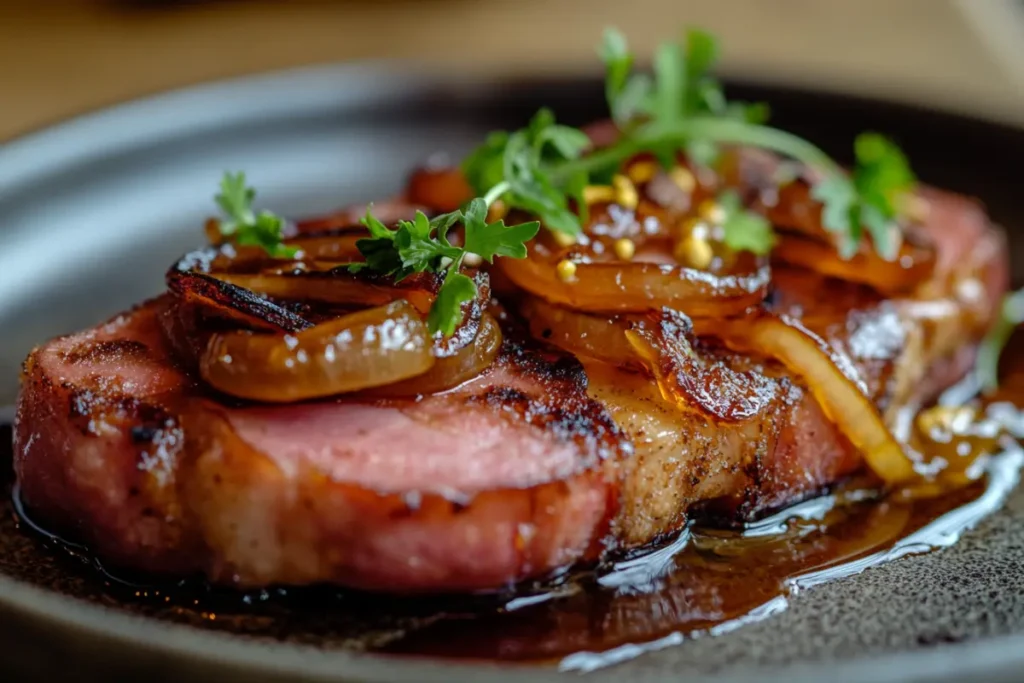 Gourmet fried bologna garnished with caramelized onions and mustard glaze