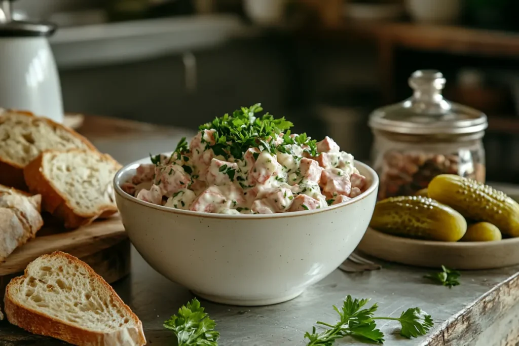 Is Bologna Salad the Same as Potted Meat? A creamy bologna salad garnished with parsley, served in a white bowl on a vintage kitchen counter