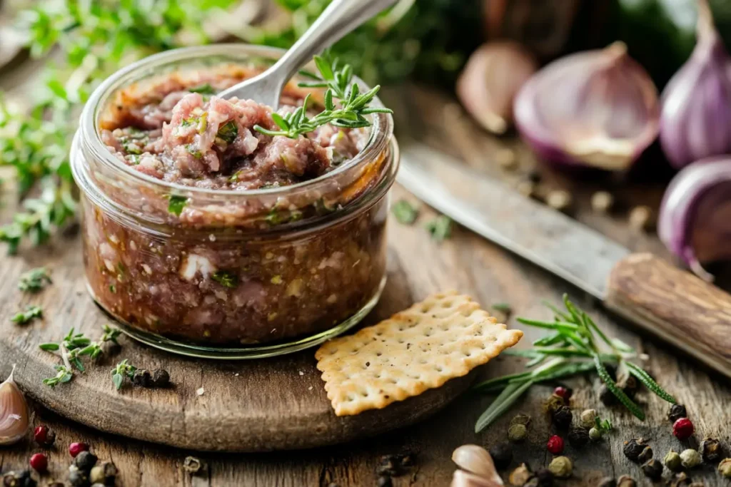 A jar of potted meat with a knife spreading it on a cracker, surrounded by herbs on a rustic table.